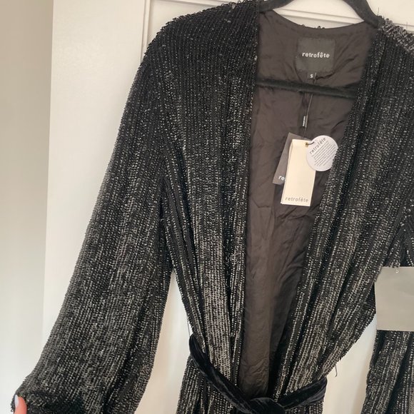 Retrofete Audrey Robe Dress Shiny Black Blue Sequins Wrap Style Midi Dress - Picture 6 of 16